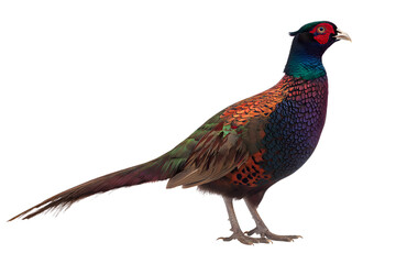 Vibrant male pheasant in profile, capturing exquisite plumage details   isolated on white background