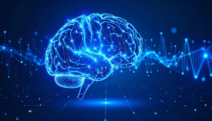 A glowing blue digital representation of a human brain, intricately connected by a network of lines and nodes, with a pulsating waveform in the background, s...