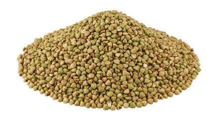 Isolated heap of raw green buckwheat groats, uncooked staple food, healthy organic ingredient