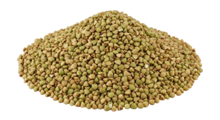 Isolated heap of raw green buckwheat groats, uncooked staple food, healthy organic ingredient