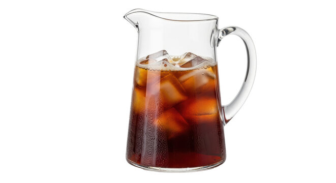 Isolated Cold brew coffee pitcher, ice cubes, caffeinated beverage, transparent glass jug