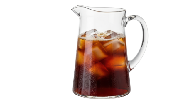 Isolated Cold brew coffee pitcher, ice cubes, caffeinated beverage, transparent glass jug