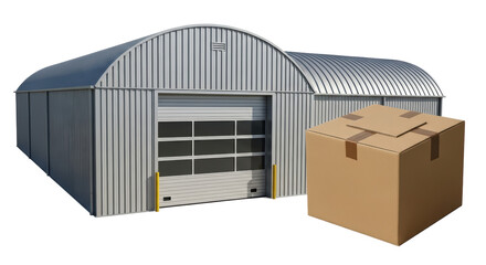 Isolated metal warehouse building next to cardboard box package delivery for cargo freight