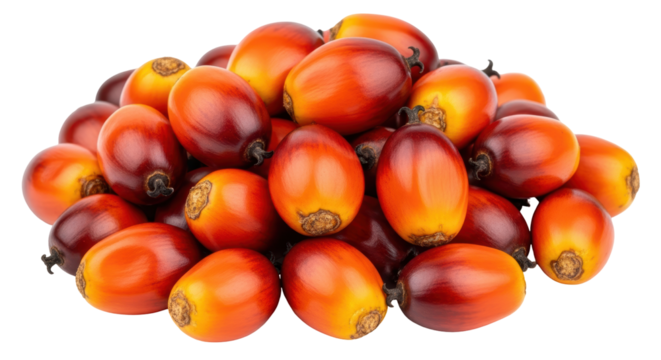 Isolated pile of fresh raw palm fruits, red palm fruits for making palm oil, no background