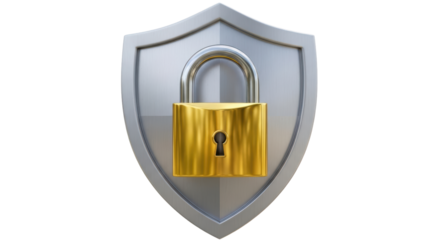 Isolated security shield with golden padlock, protection concept, cyber safety, security