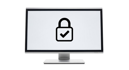 Isolated computer display with padlock and checkmark symbolizing security and protection