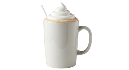 Isolated frothy mocha latte with whipped cream topping served in large gray mug drink