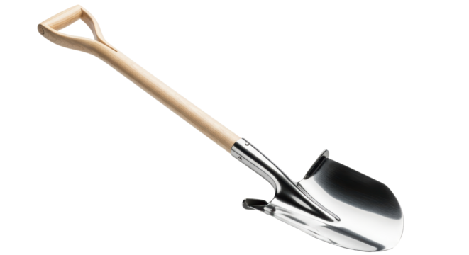 Isolated shovel with wooden handle for digging, gardening, landscaping and construction