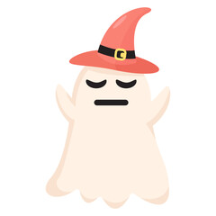 Cute cartoon ghost wearing a pink witch hat, floating with arms raised in a whimsical style