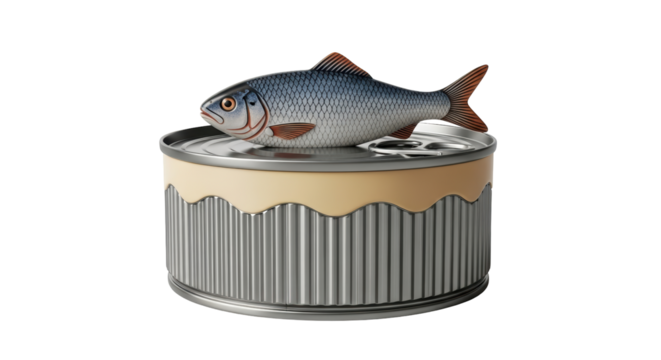 Isolated canned fish product, retro style design with decorative metallic stripes motif