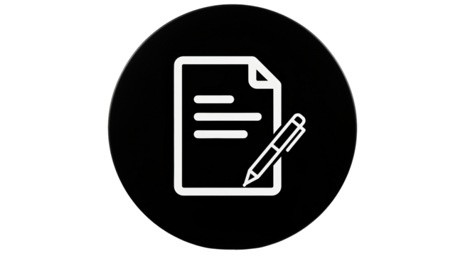 Isolated icon document writing, signing form and pen. Black circle shape design element