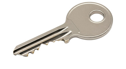 Isolated object of a door key with the hole at the top for adding to a key ring or chain