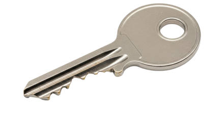 Isolated object of a door key with the hole at the top for adding to a key ring or chain