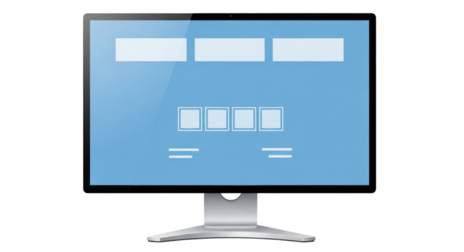 Isolated computer monitor showing modern design, simple user interface, light blue screen color