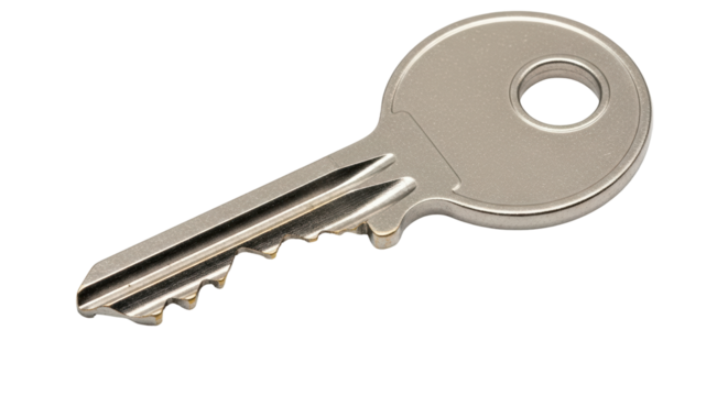 Isolated object of a door key with the hole at the top for adding to a key ring or chain
