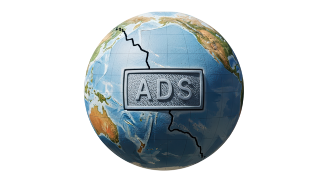 Isolated broken world globe with advertising sign, fracture, planet, globe, crack, problem