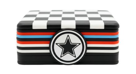 Isolated decorative box with checkered top, star emblem, and racing stripe design motif