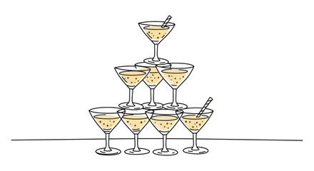 champagne glasses arranged in pyramid shape with bubbles
