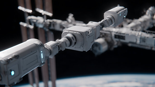 Robotic arm extending from space station with Earth in background