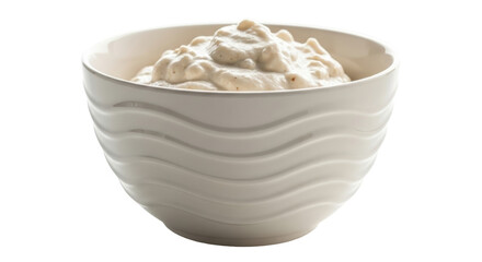 Isolated bowl of potato salad ready to eat, perfect for food blogs and catering menus