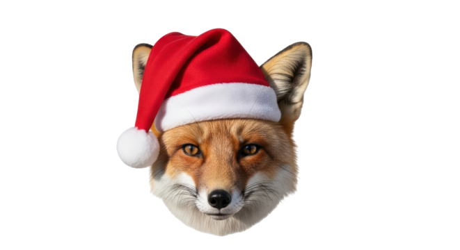 Isolated headshot of a fox wearing a Santa Claus hat for the Christmas holiday season