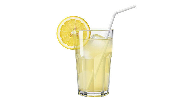 Isolated refreshing cold lemonade drink with ice and lemon slice in a tall glass cup