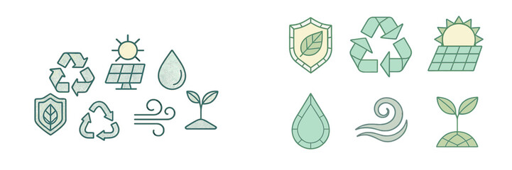 Collection of environmental sustainability icons including recycling, solar energy, water, wind, and plant growth symbols