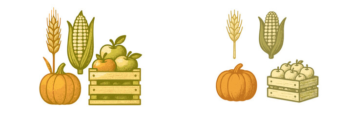 Abundant autumn harvest bounty with fresh farm produce including golden wheat, ripe corn, orange pumpkins, and red apples in rustic wooden crates