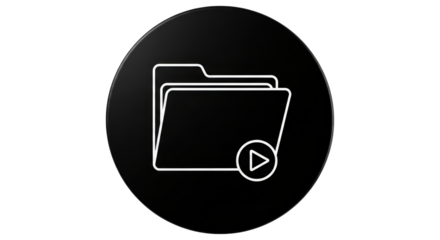 Isolated black circle folder icon featuring play symbol for media file, audio, video assets