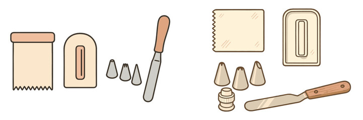 Collection of essential baking tools including spatulas, scrapers, and piping nozzles for cake and pastry decoration