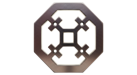 Isolated geometric metal object casting shadow, centered in frame with unique design