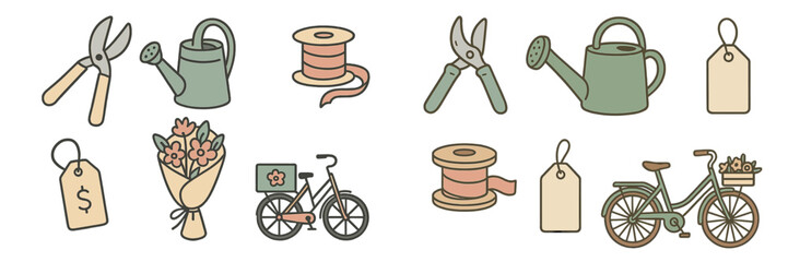 Spring and garden themed items including watering cans, pruning shears, bicycles, flower bouquets, ribbons, and various tags