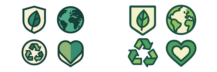 Collection of green environmental protection icons including leaf shield, globe, recycling symbol, and heart shapes