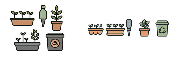 Detailed collection of gardening and recycling icons featuring potted plants, a watering can, and various eco-friendly elements for environmental care