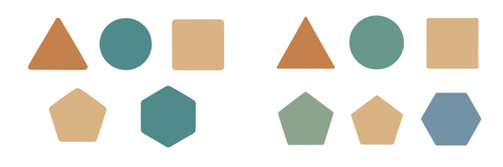 Abstract geometric shapes with rounded corners, textured surfaces, muted earthy tones, and pastel colors