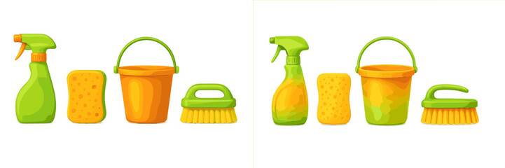 Vibrant household cleaning tools set featuring a green spray bottle, yellow sponge, orange bucket, and scrub brush