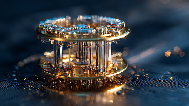 Golden microchip structure with intricate circuitry and glowing components on a dark background - Powered by Adobe