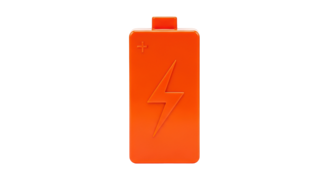 Isolated electric battery symbol, orange charge indicator icon for power, technology concept