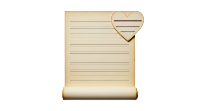 Isolated Heart Note with Scroll Message Paper, Stationery, Romantic Love Letters, Journal Entry