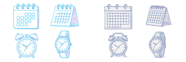 Hand-drawn calendar, alarm clock, and wristwatch icons illustrating time management and scheduling concepts