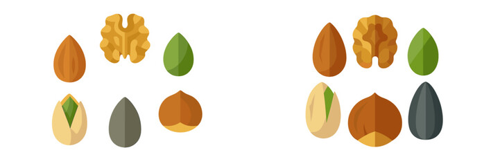 Collection of healthy nuts and seeds including almond, walnut, pistachio, hazelnut, pumpkin, and sunflower seeds