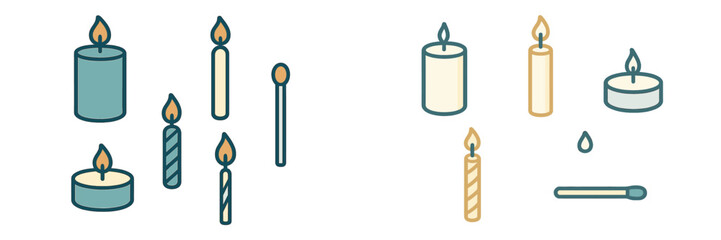 Diverse collection of lit and unlit candles in different shapes and sizes, with a matchstick, symbolizing warmth and light
