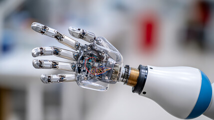 Close-up of a robotic hand with transparent fingers revealing internal wiring and mechanical components