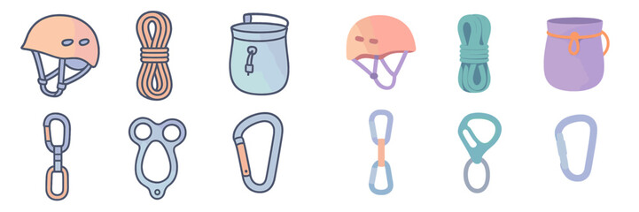 Collection of essential climbing equipment including safety helmets, coiled ropes, chalk bags, and metal carabiners