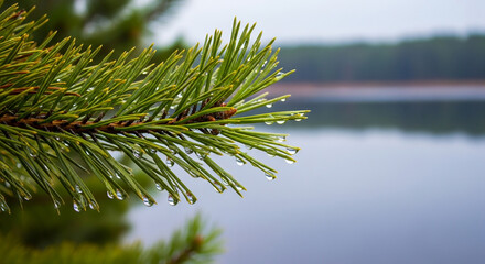 Close-up of pine needles glistening with water droplets near a tranquil lake