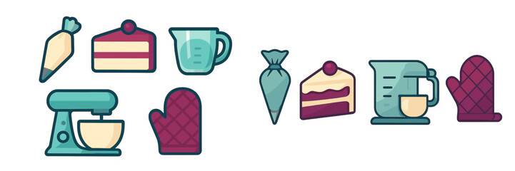 Assortment of baking tools and dessert items like mixer, cake, measuring cup, and oven mitt for culinary use