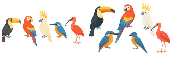 Collection of colorful exotic tropical birds including toucans, parrots, kingfishers, and ibises on white background