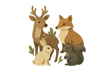 Charming forest wildlife animals in a layered paper cut style featuring a deer, fox, rabbit, and squirrel