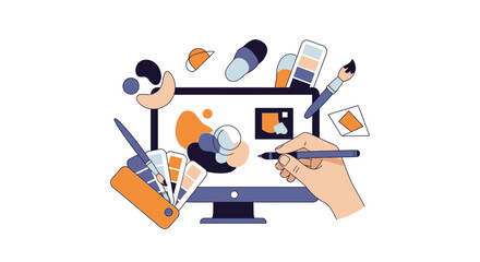 Graphic designer creating digital art on a computer with creative tools.