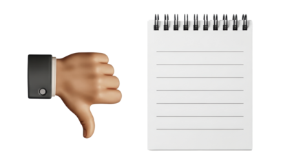 Isolated disapproval concept showing a hand with thumb down next to a blank notepad